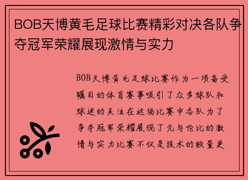 BOB天博黄毛足球比赛精彩对决各队争夺冠军荣耀展现激情与实力